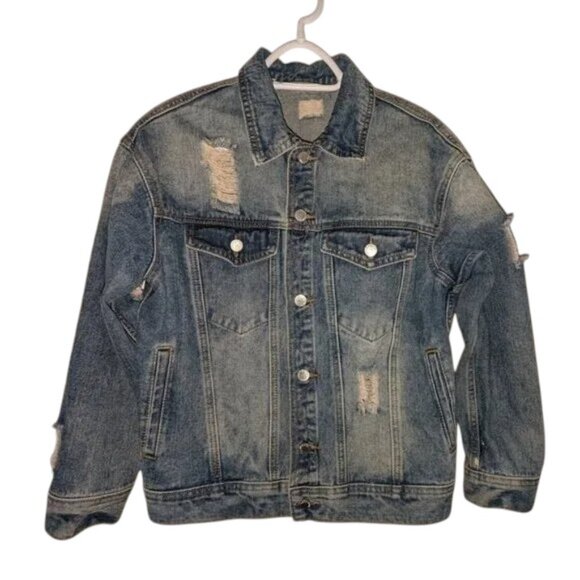 Wear Jeans Jackets & Blazers - Wear Jeans Retro Long Sleeve Button Worn Broken In Frayed Hole Denim Jacket Coat